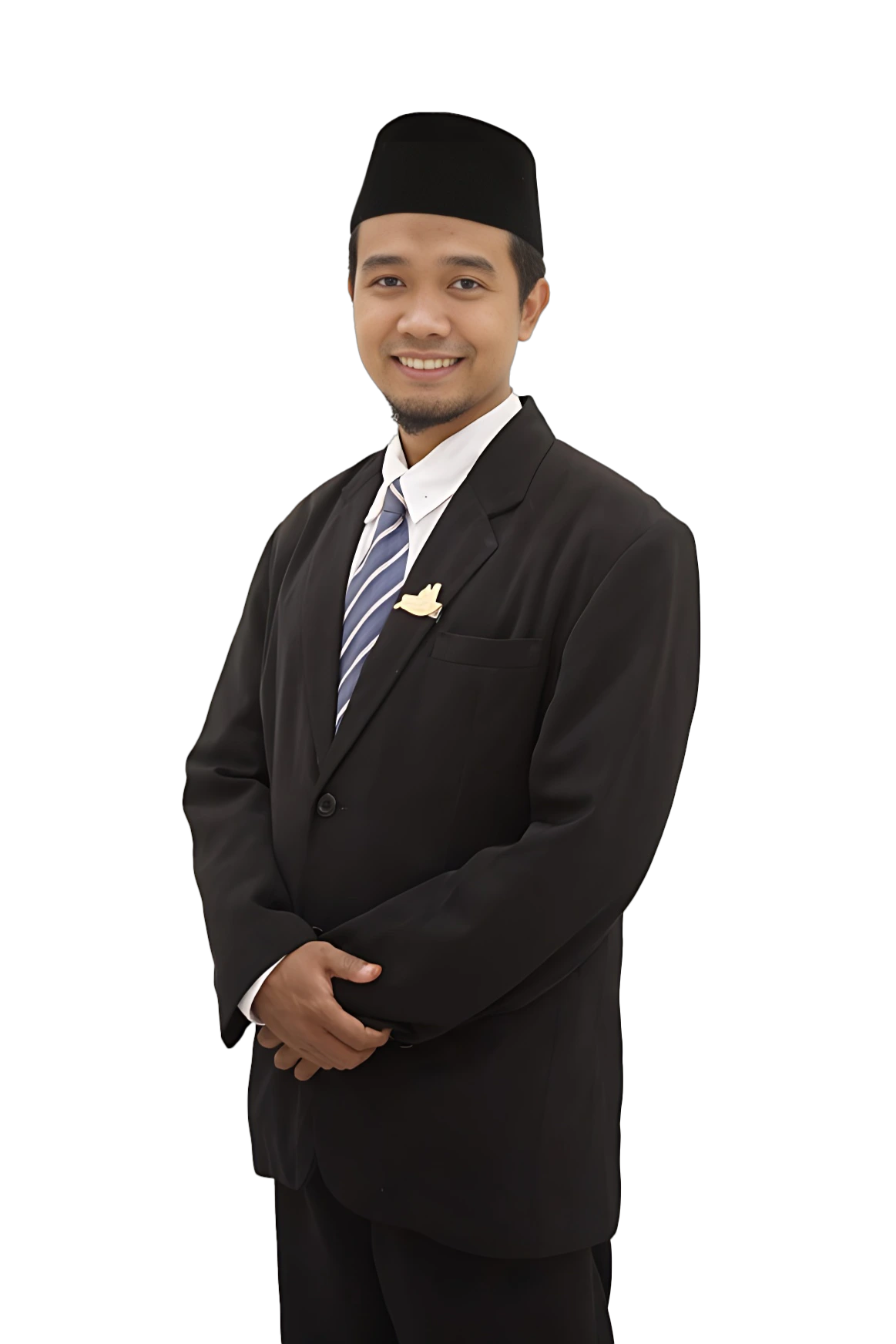 Man in black academic robe with gold chain and black cap with blue tassel